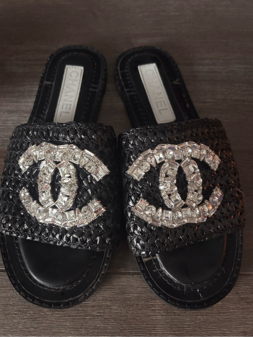 CHANEL Black Braided Slide Sandals with Crystal CC Emblem